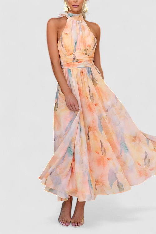Thalia's Halter Neck Maxi Dress with Open Back and Watercolour Print
