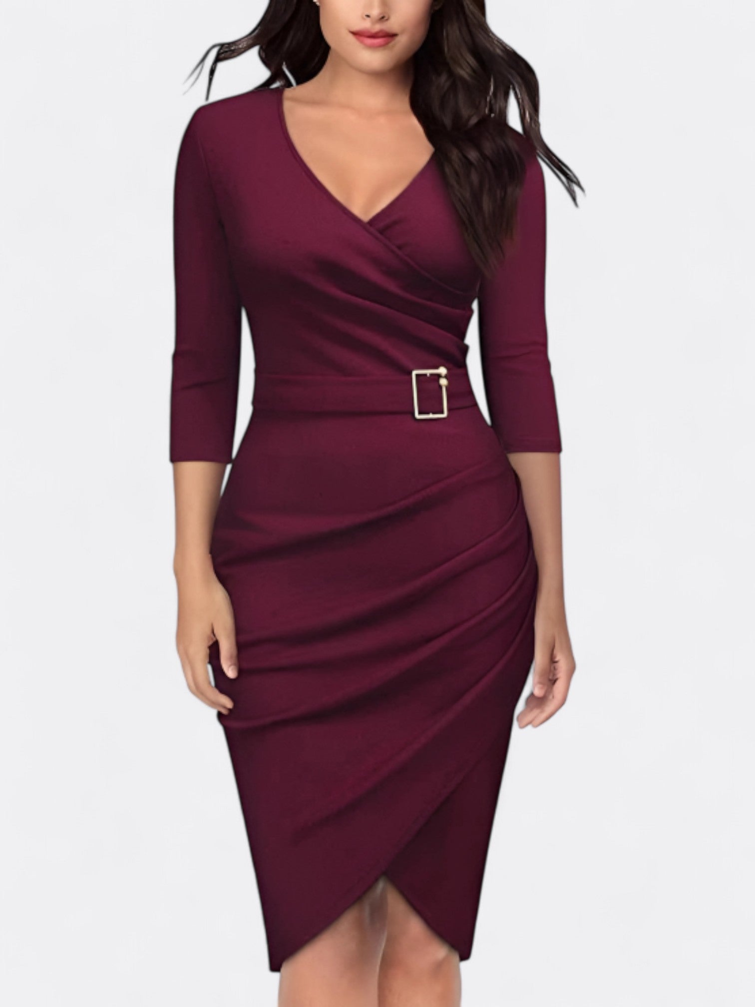 Celeste's Sleek Tailored Midi Dress with Elegant Belt