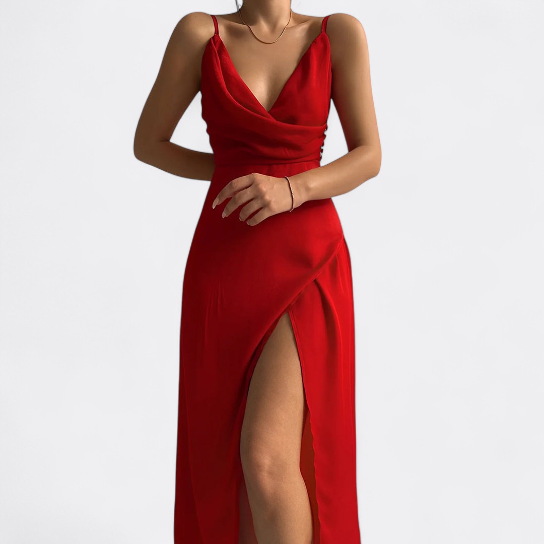 Valkyrie's Evening Dress with V-Neckline and Side Slit