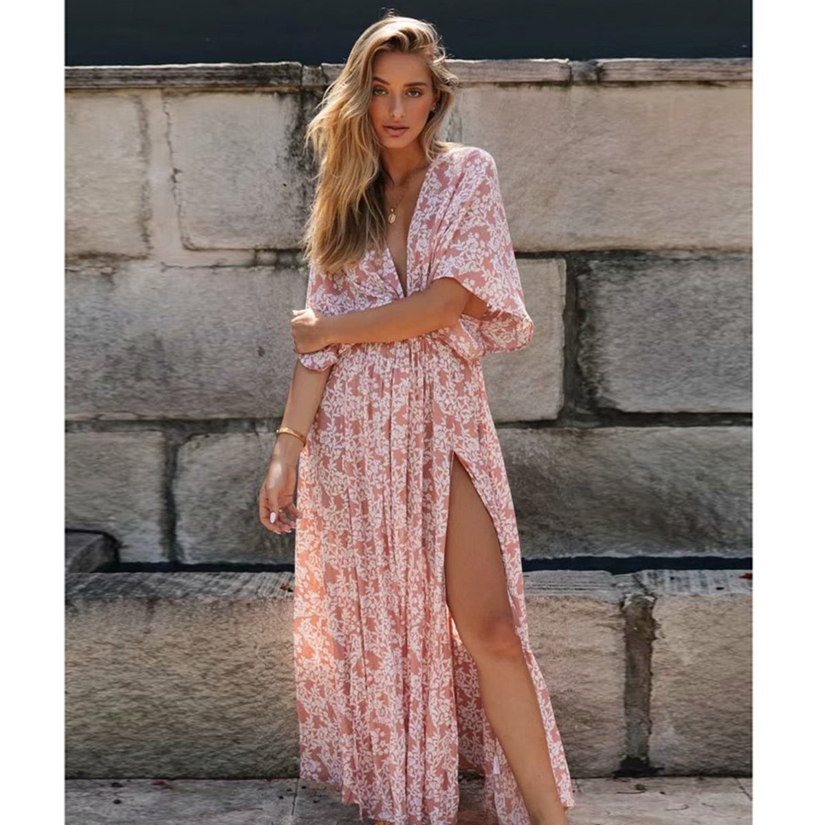 Yana's Bohemian Pink Maxi Dress with V-Neck and Side Slit