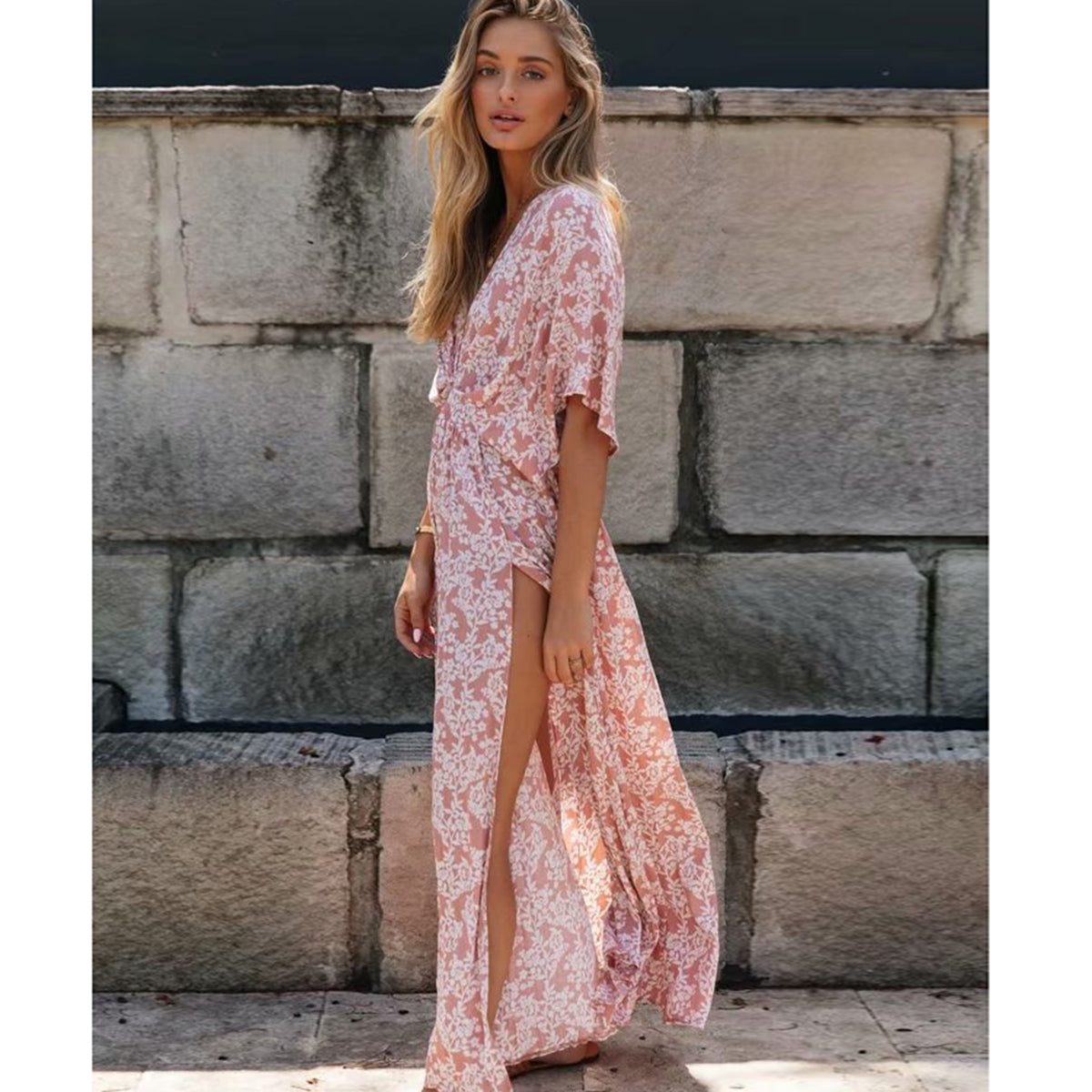 Yana's Bohemian Pink Maxi Dress with V-Neck and Side Slit