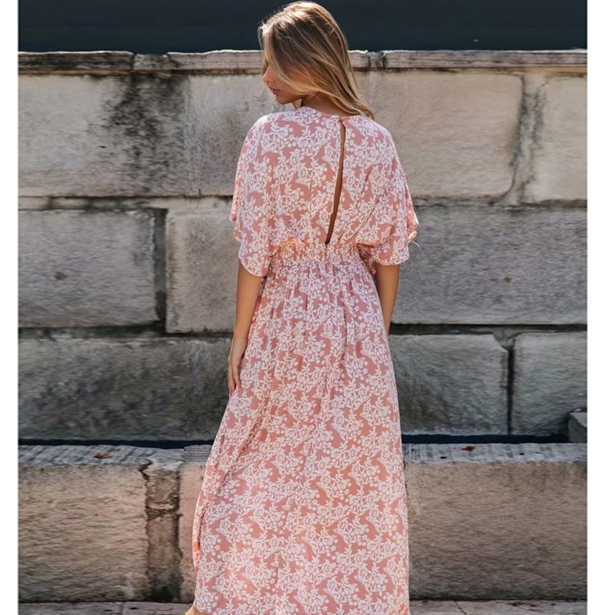 Yana's Bohemian Pink Maxi Dress with V-Neck and Side Slit