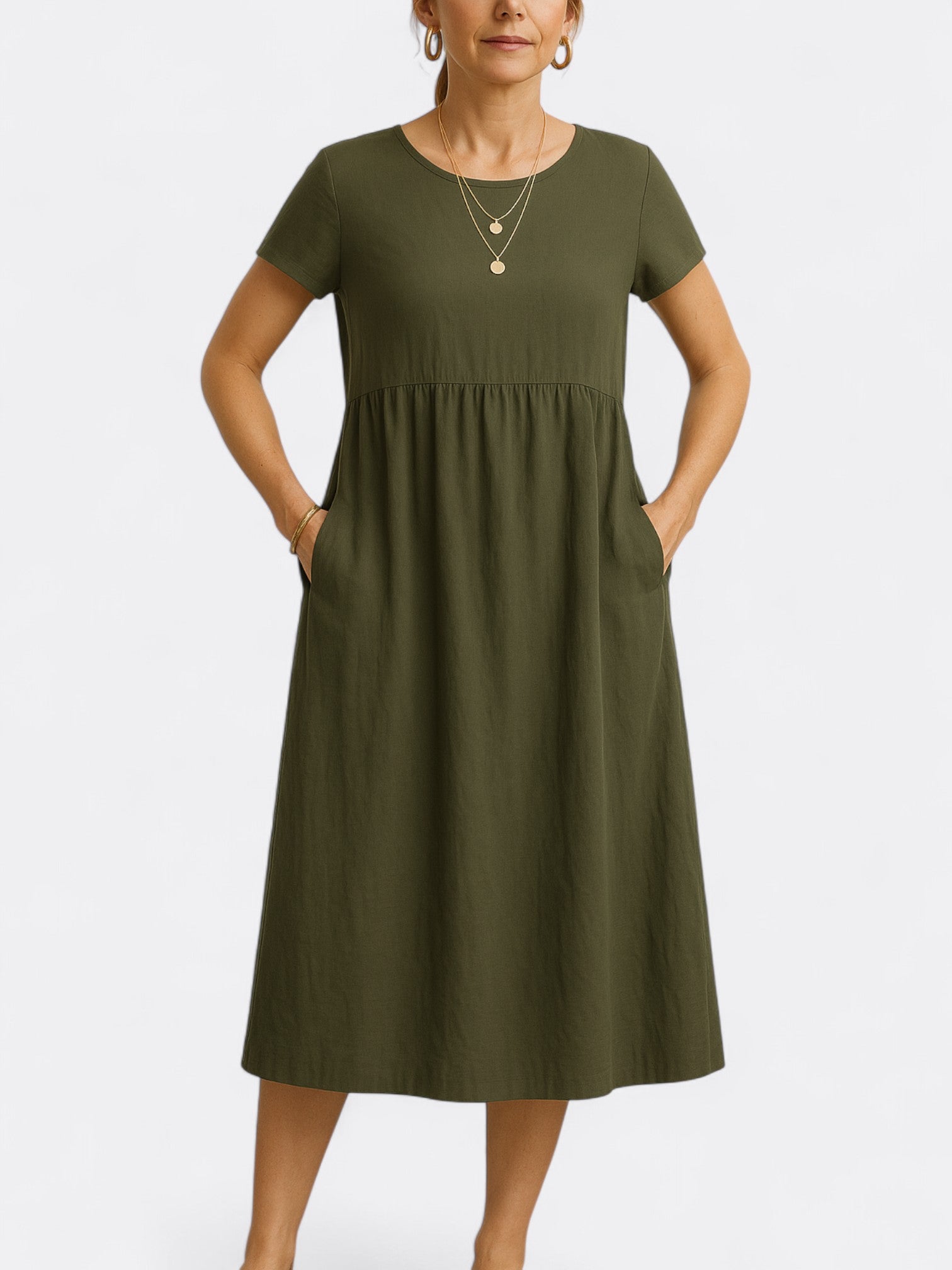 Zia's Midi Dress with O Neckline and A-Line Silhouette