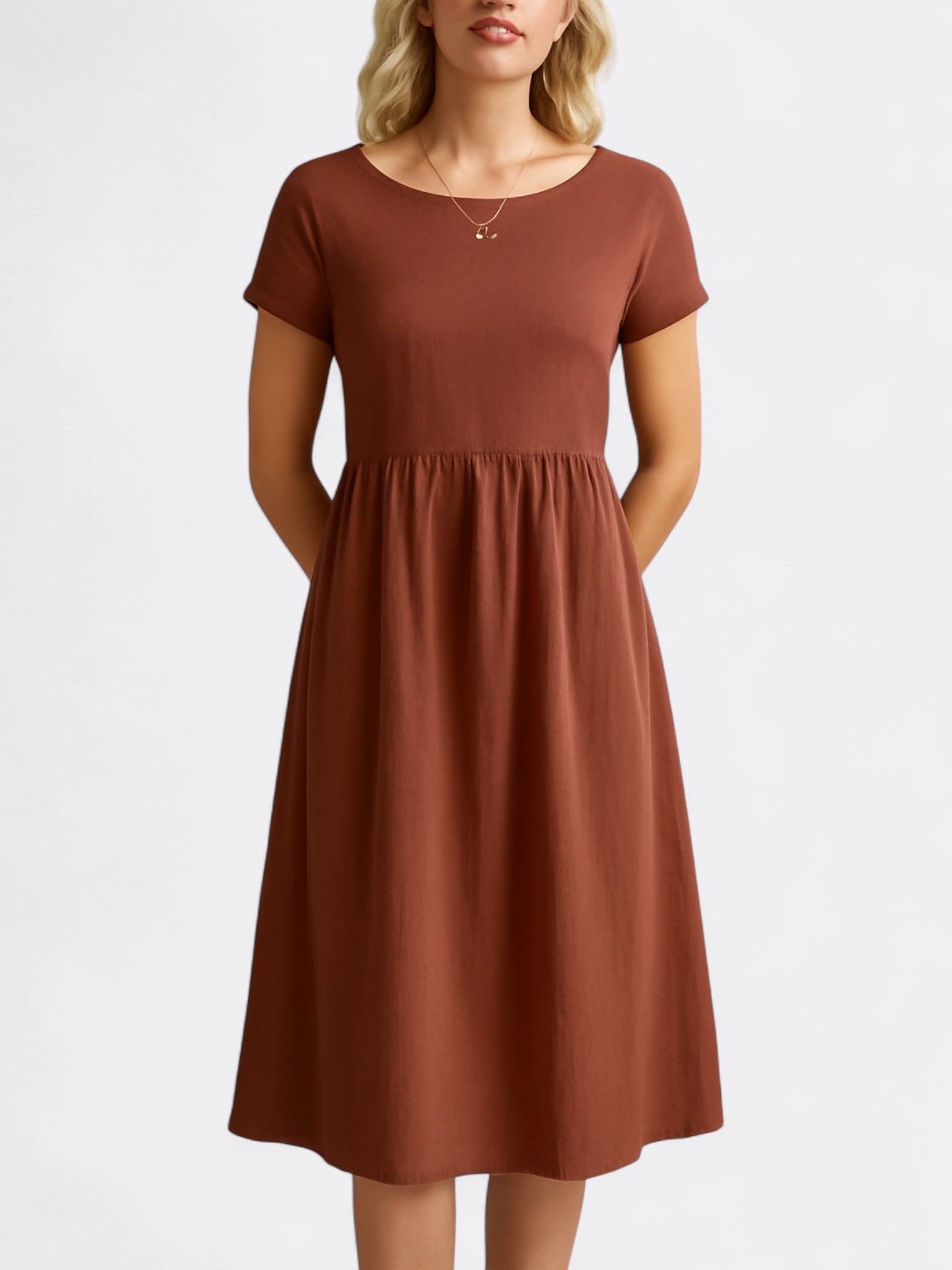Zia's Midi Dress with O Neckline and A-Line Silhouette