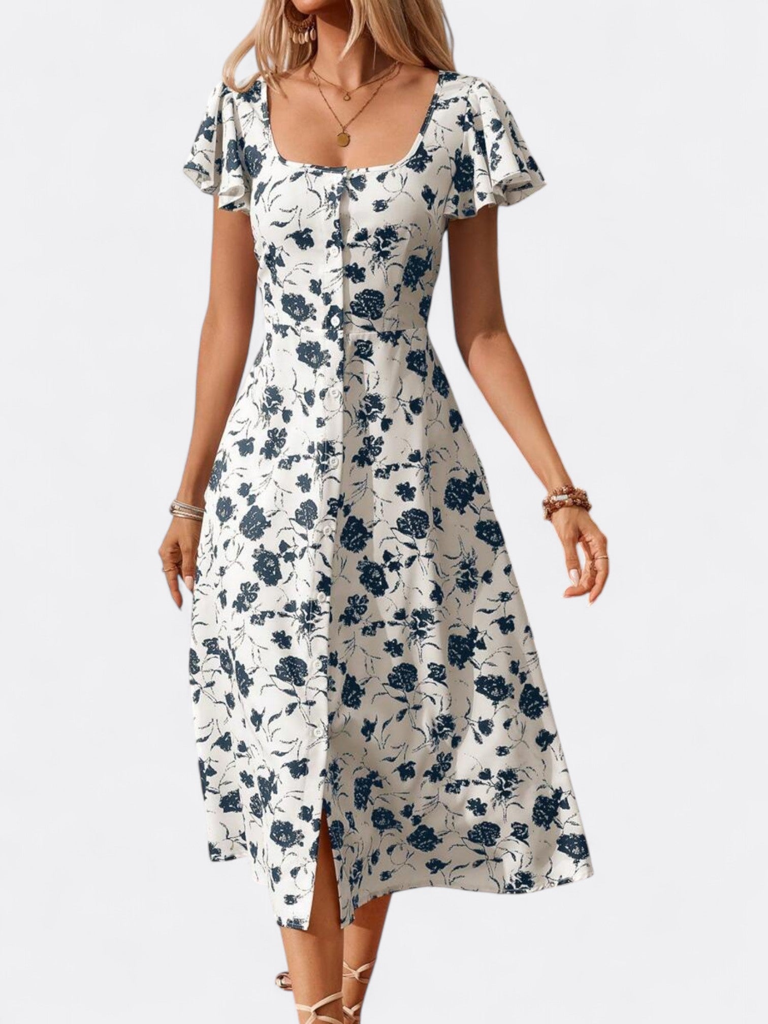 Cielle | Women's Floral Summer Button Front Dress | Ruffle Sleeve