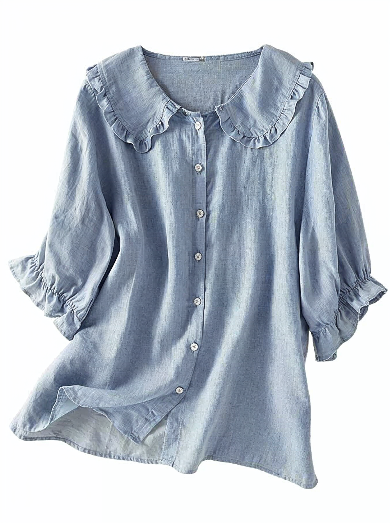 Rafah's Button-Down Blouse with Ruffled Collar and 3/4 Sleeves