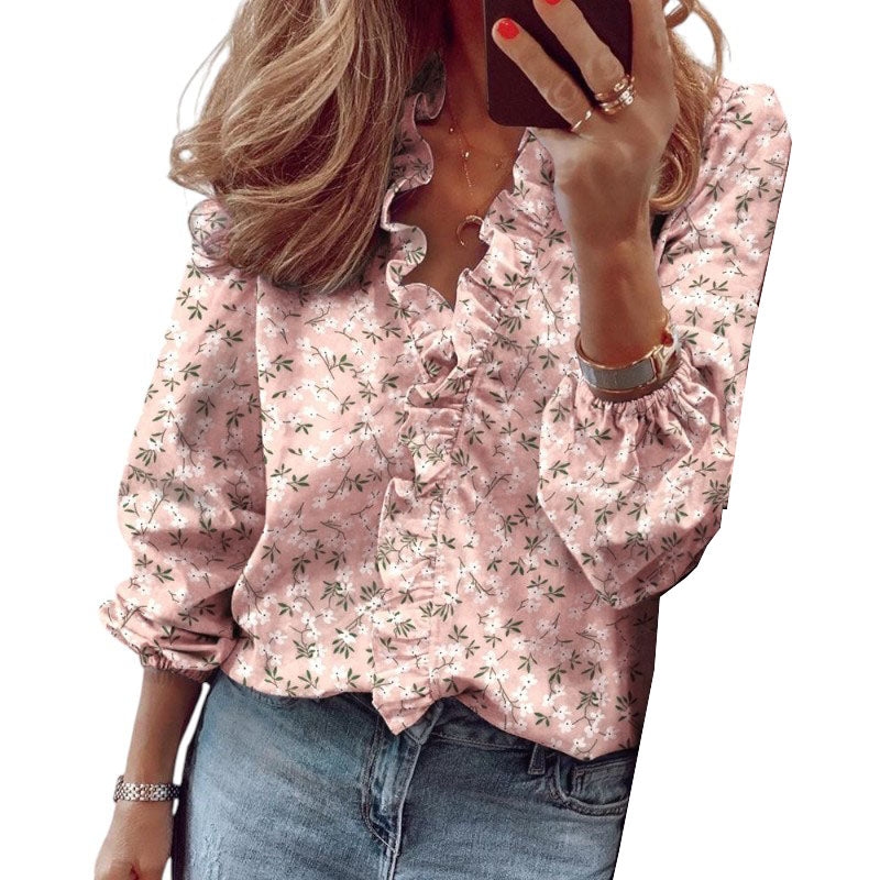 Glecy's Ruffled Long Sleeve Blouse with Button-Down Front