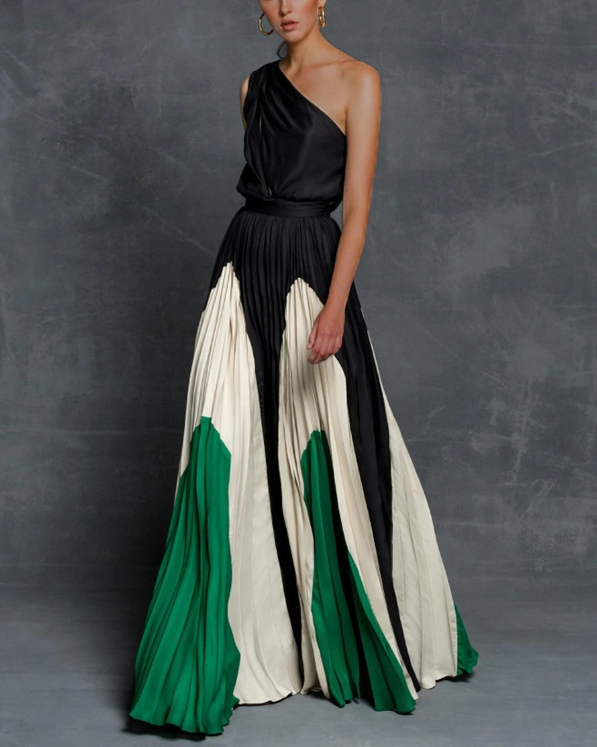Ariella's One-Shoulder Pleated Maxi Dress with Colourblock Elegance