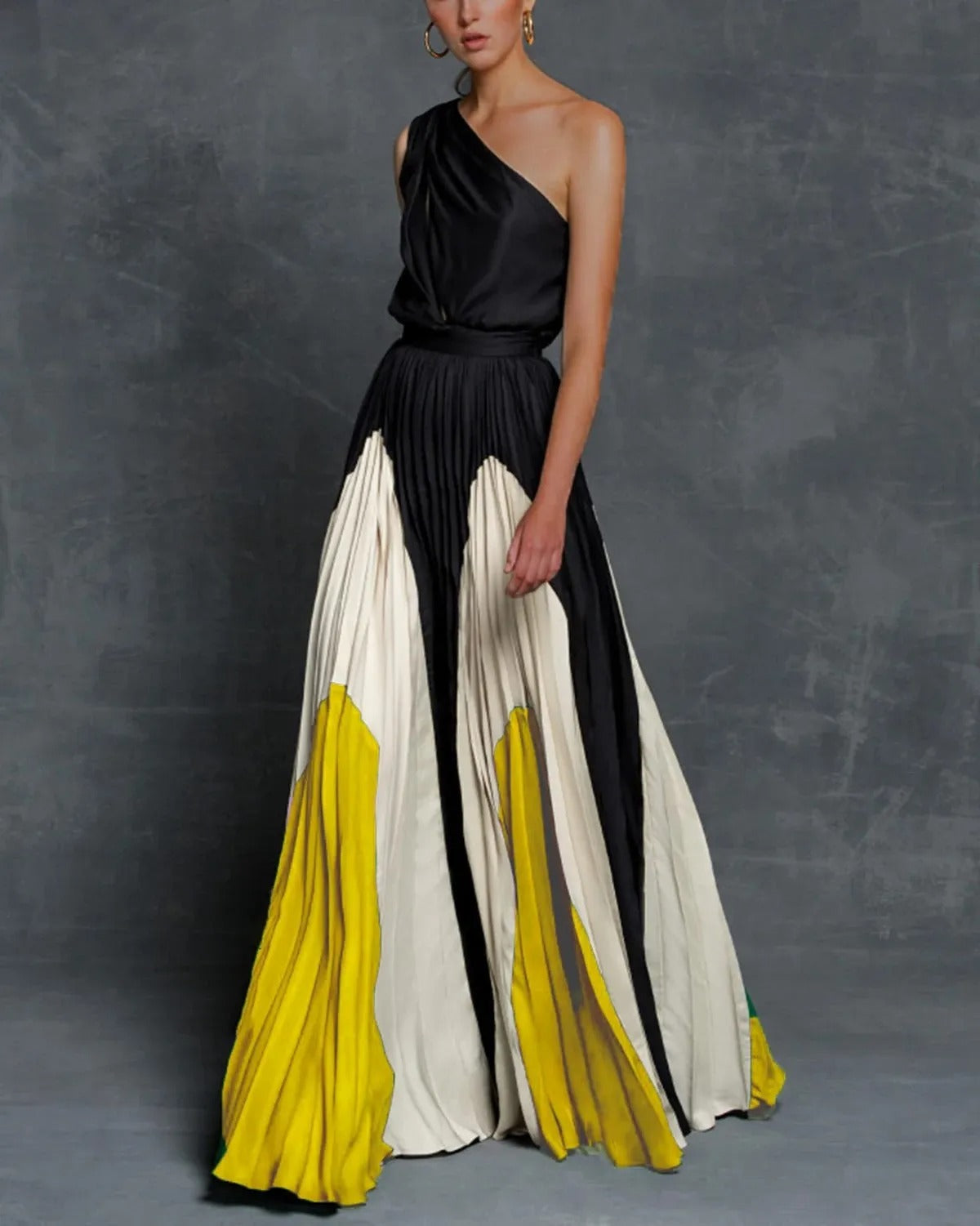 Ariella's One-Shoulder Pleated Maxi Dress with Colourblock Elegance