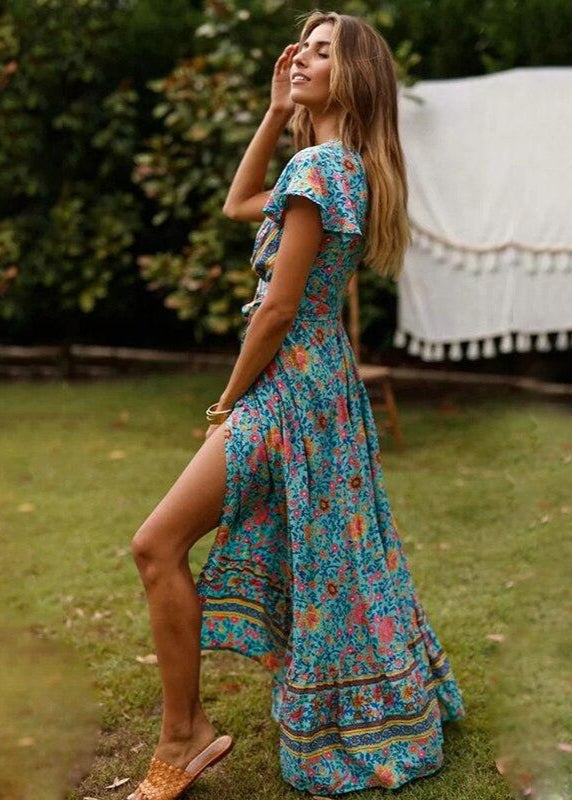 Cali's Asymmetrical Bohemian Long Dress with Cut-Out and V-Neck