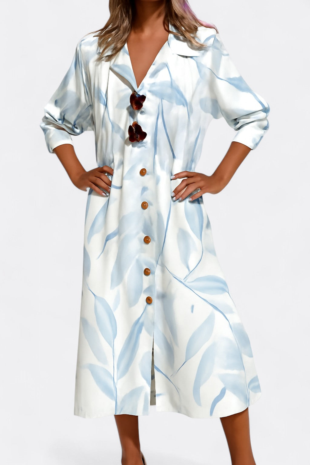 Celia’s Maxi Shirt Dress with V-Neckline and Patchwork Print