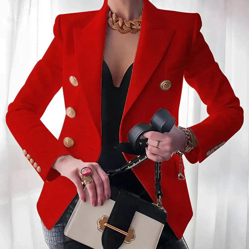 Cindy's Double-Breasted Blazer with Gold Buttons and Tailored Fit