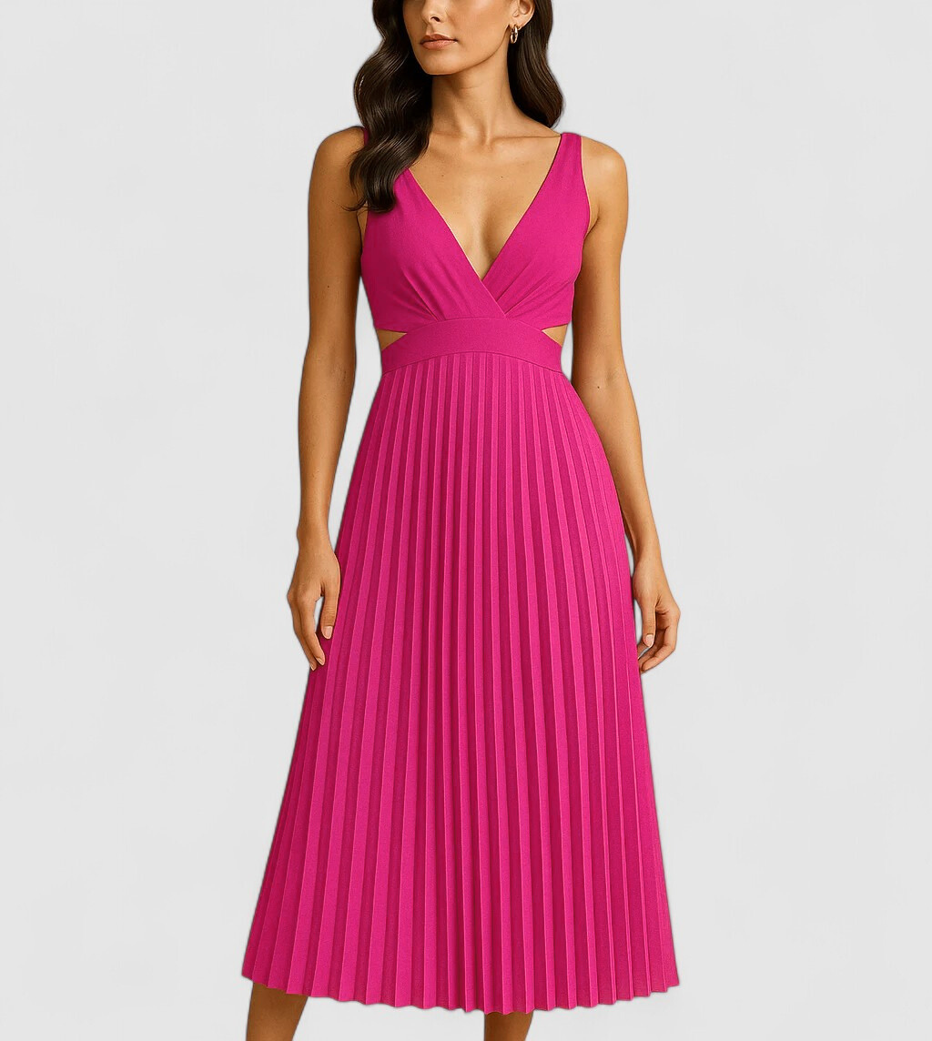 Elara's Pleated Midi Dress with Flowing Silhouette