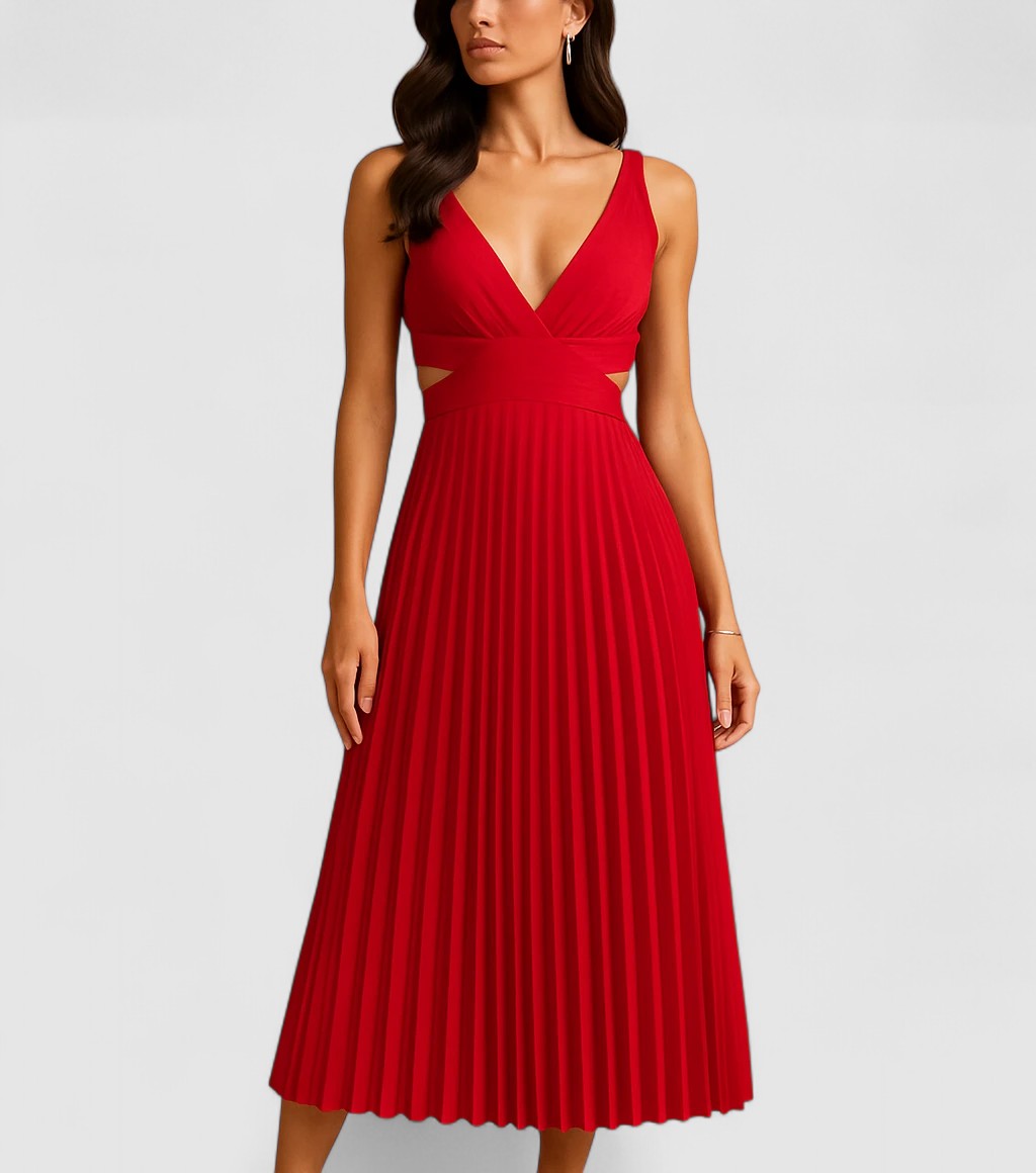 Elara's Pleated Midi Dress with Flowing Silhouette