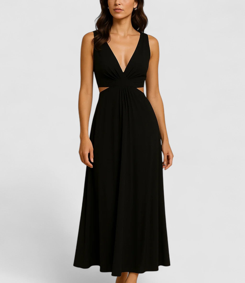 Elara's Pleated Midi Dress with Flowing Silhouette