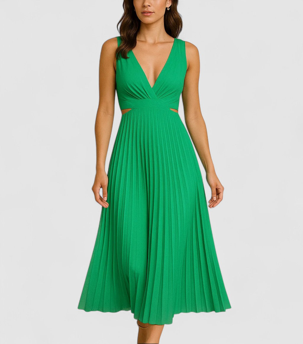 Elara's Pleated Midi Dress with Flowing Silhouette