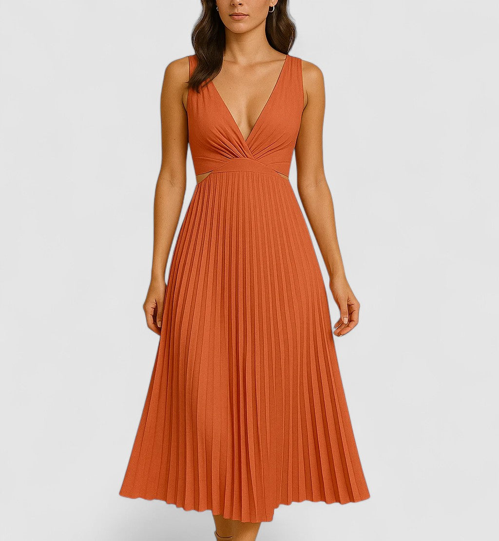 Elara's Pleated Midi Dress with Flowing Silhouette