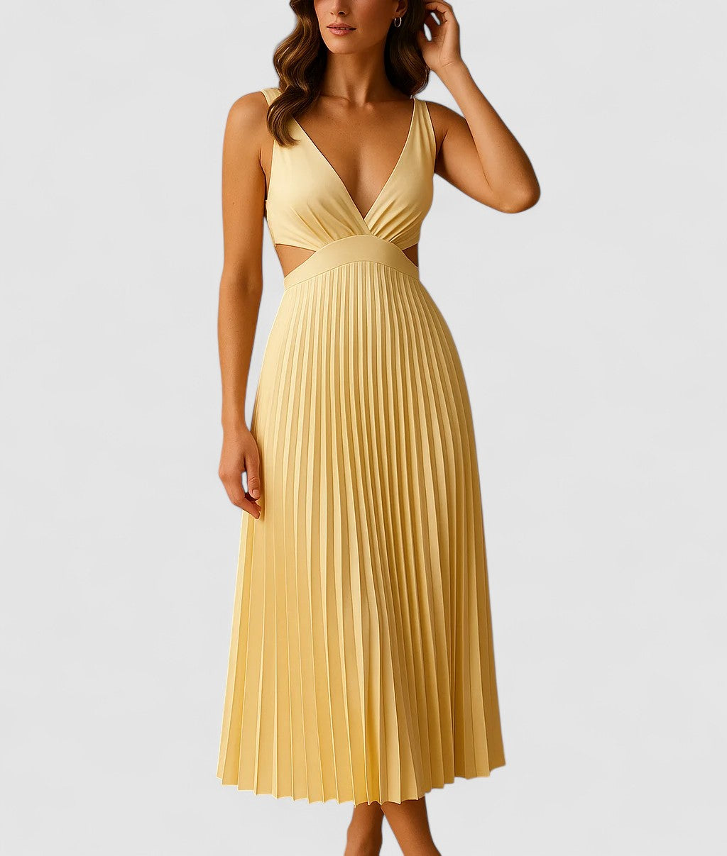 Elara's Pleated Midi Dress with Flowing Silhouette