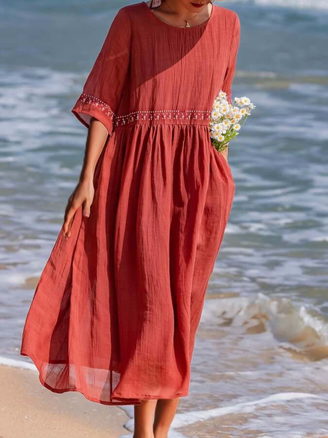 Eliza's A-line Dress with Embellished Waist and Flared Skirt