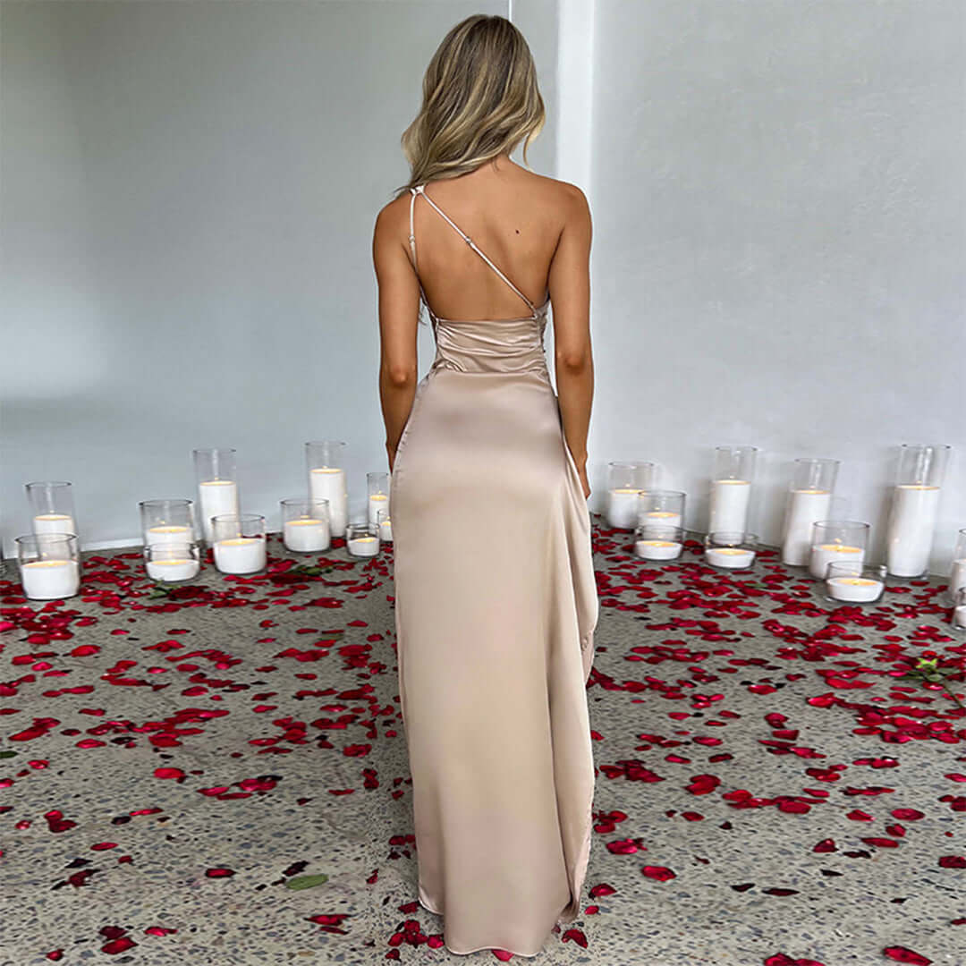 Emy's Satin Maxi Dress with High Slit and Adjustable Straps