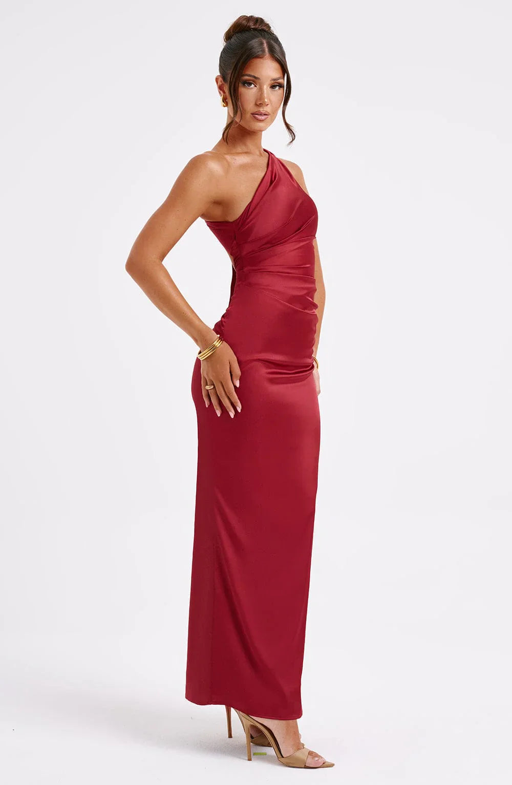 Enya's One-Shoulder Satin Dress with Draped Waist