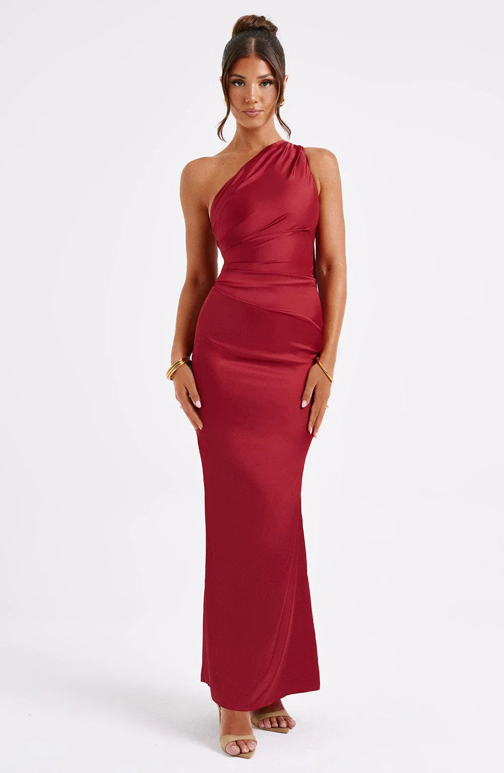 Enya's One-Shoulder Satin Dress with Draped Waist