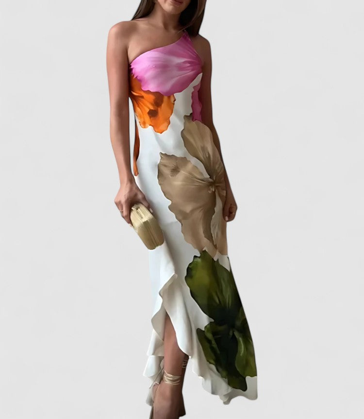 Freya's Empire Waist Dress with Patchwork Detail and Asymmetric Neckline