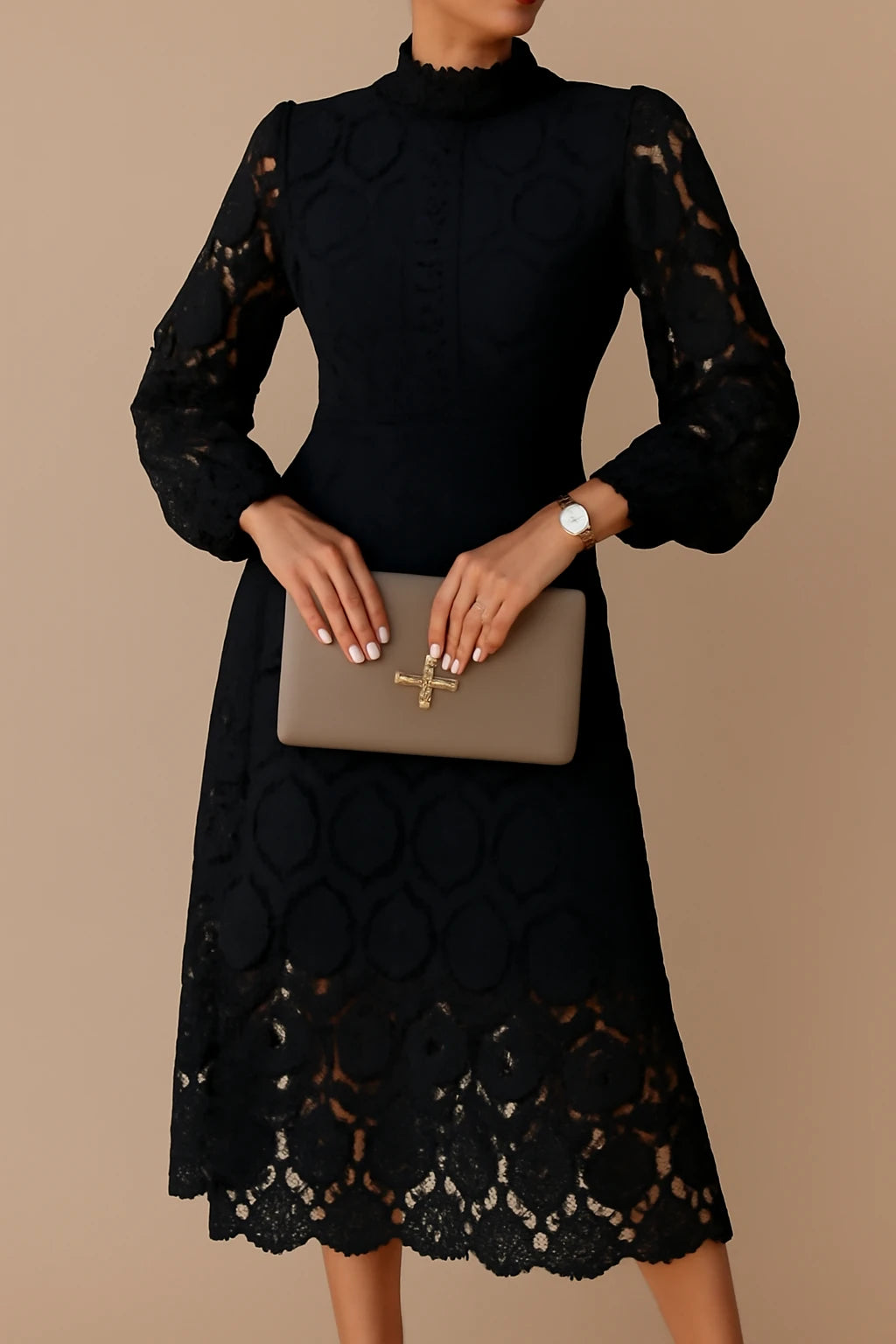 Holly's Lace Midi Dress with Sheer Balloon Sleeves