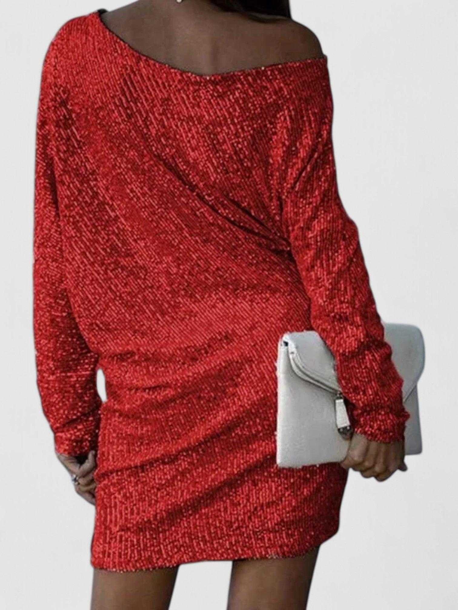 Imara’s Contrast Sequin Dress with Off-Shoulder Slash Neck and Long Sleeves