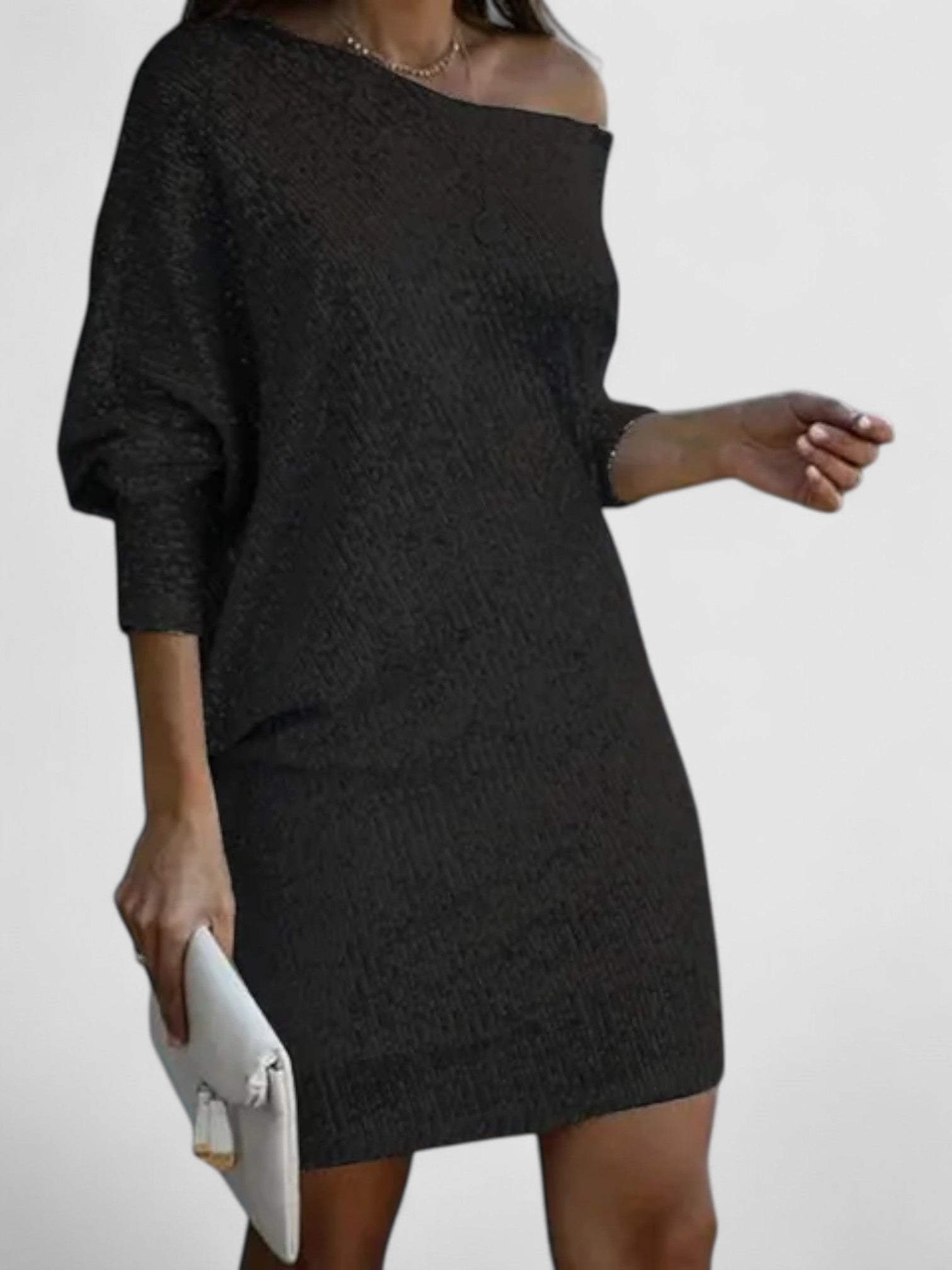 Imara’s Contrast Sequin Dress with Off-Shoulder Slash Neck and Long Sleeves