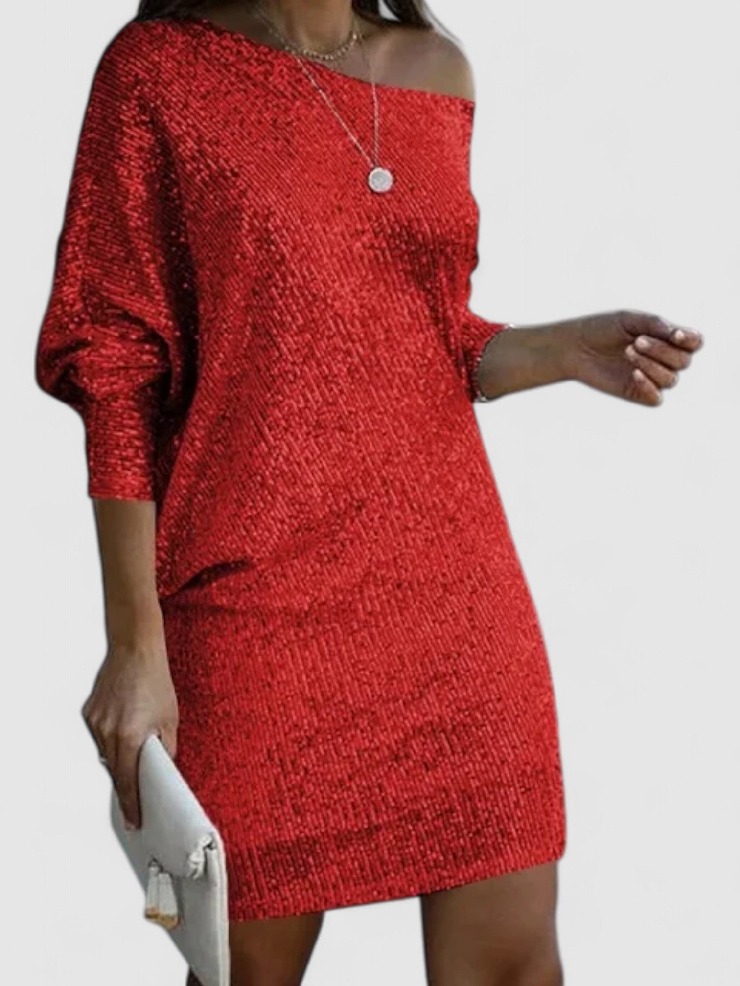 Imara’s Contrast Sequin Dress with Off-Shoulder Slash Neck and Long Sleeves