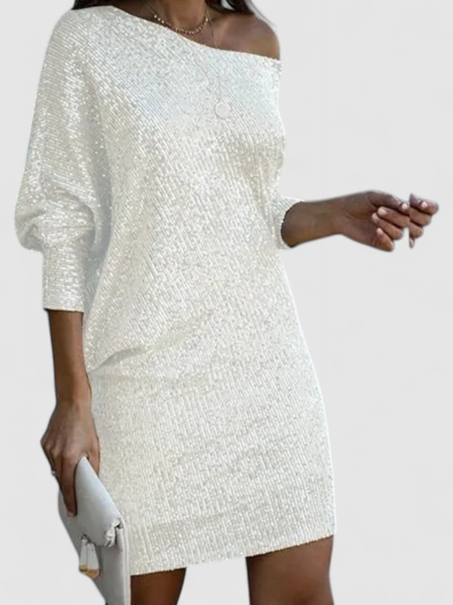 Imara’s Contrast Sequin Dress with Off-Shoulder Slash Neck and Long Sleeves