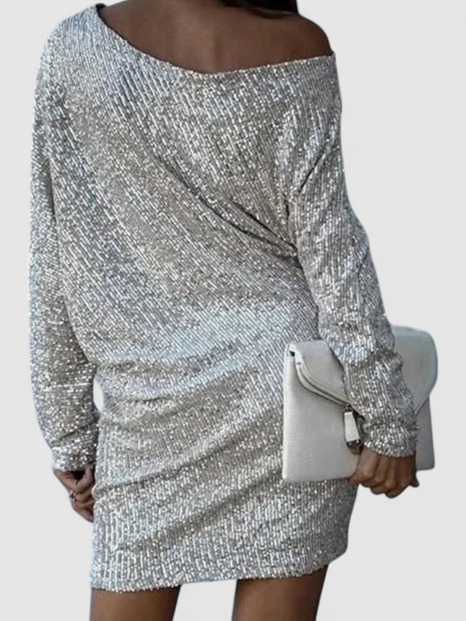 Imara’s Contrast Sequin Dress with Off-Shoulder Slash Neck and Long Sleeves
