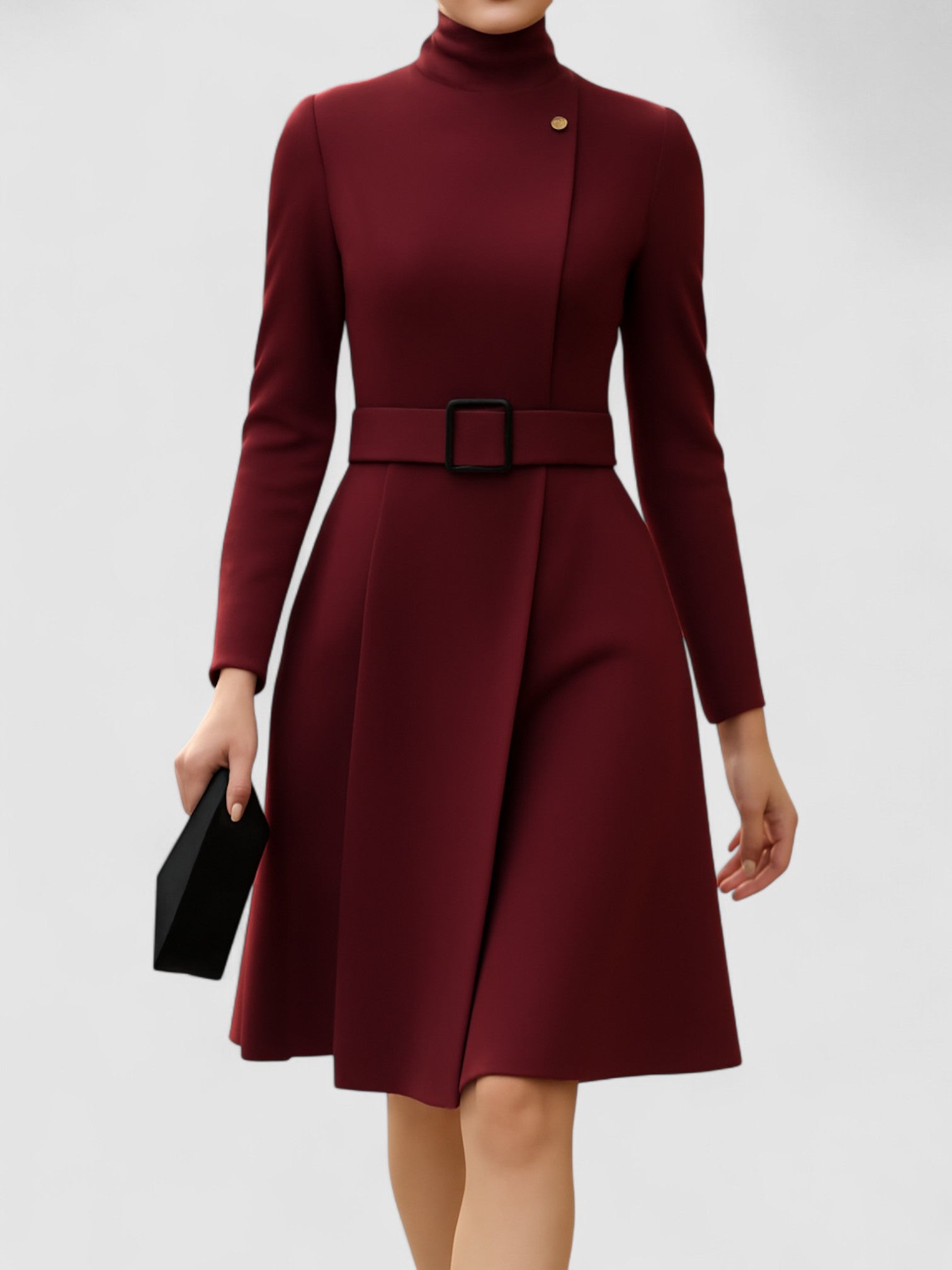 Juliet’s High-Neck A-Line Dress with Asymmetric Belted Waist