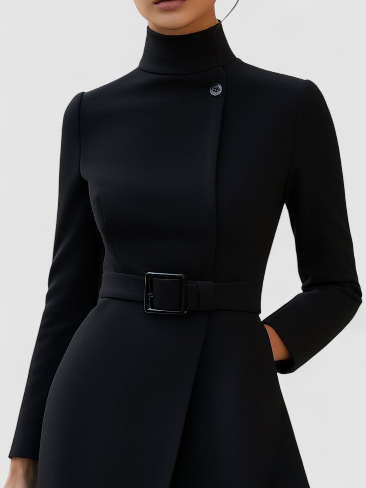 Juliet’s High-Neck A-Line Dress with Asymmetric Belted Waist