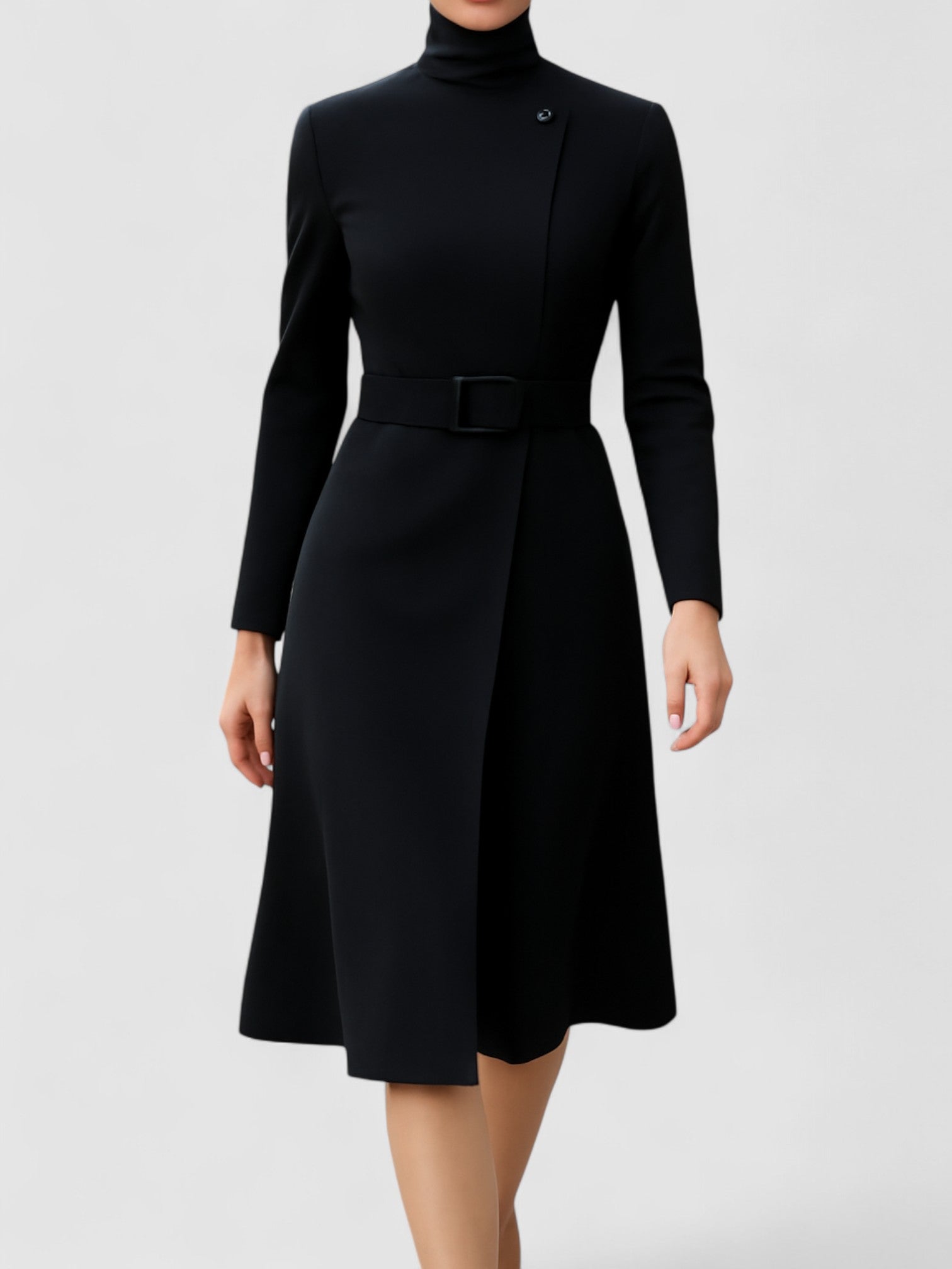 Juliet’s High-Neck A-Line Dress with Asymmetric Belted Waist