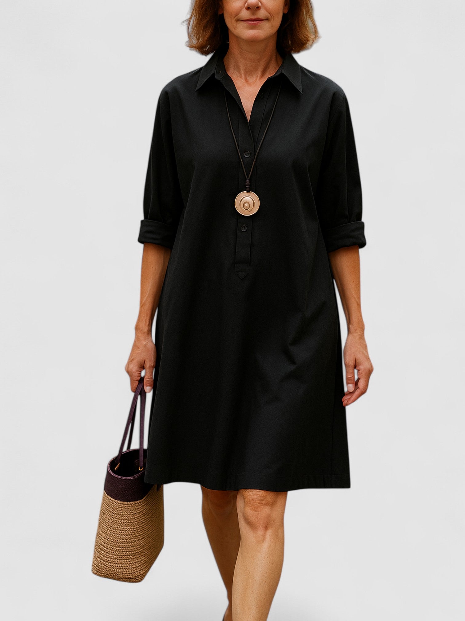 Lolita’s A-Line Shirt Dress with 3/4 Sleeves and Classic Collar