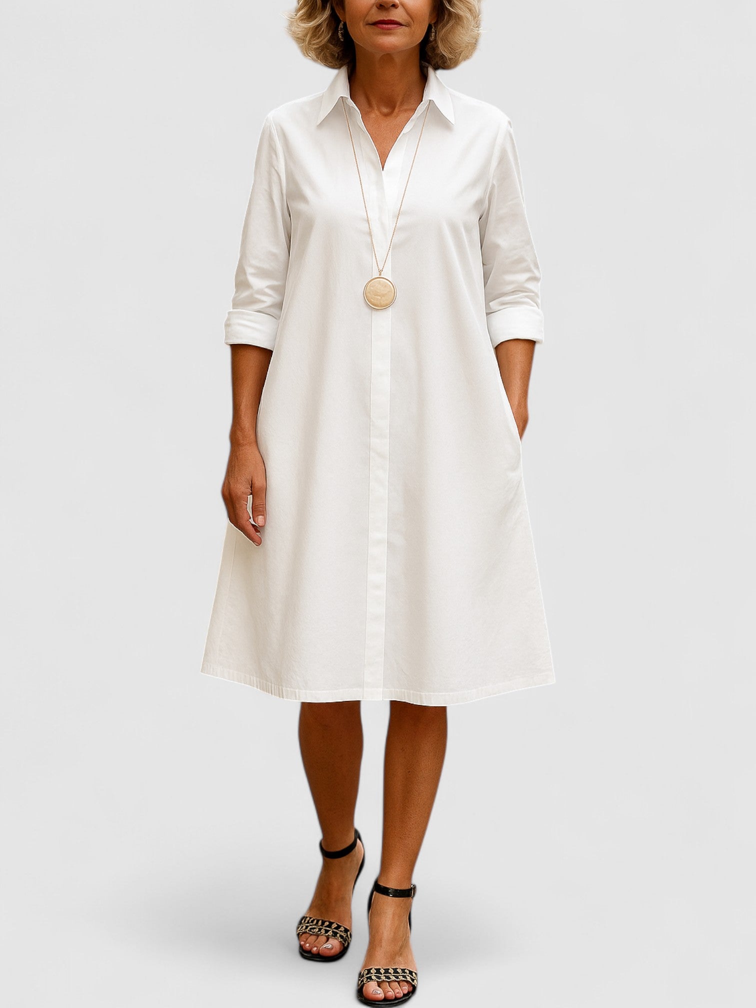 Lolita’s A-Line Shirt Dress with 3/4 Sleeves and Classic Collar