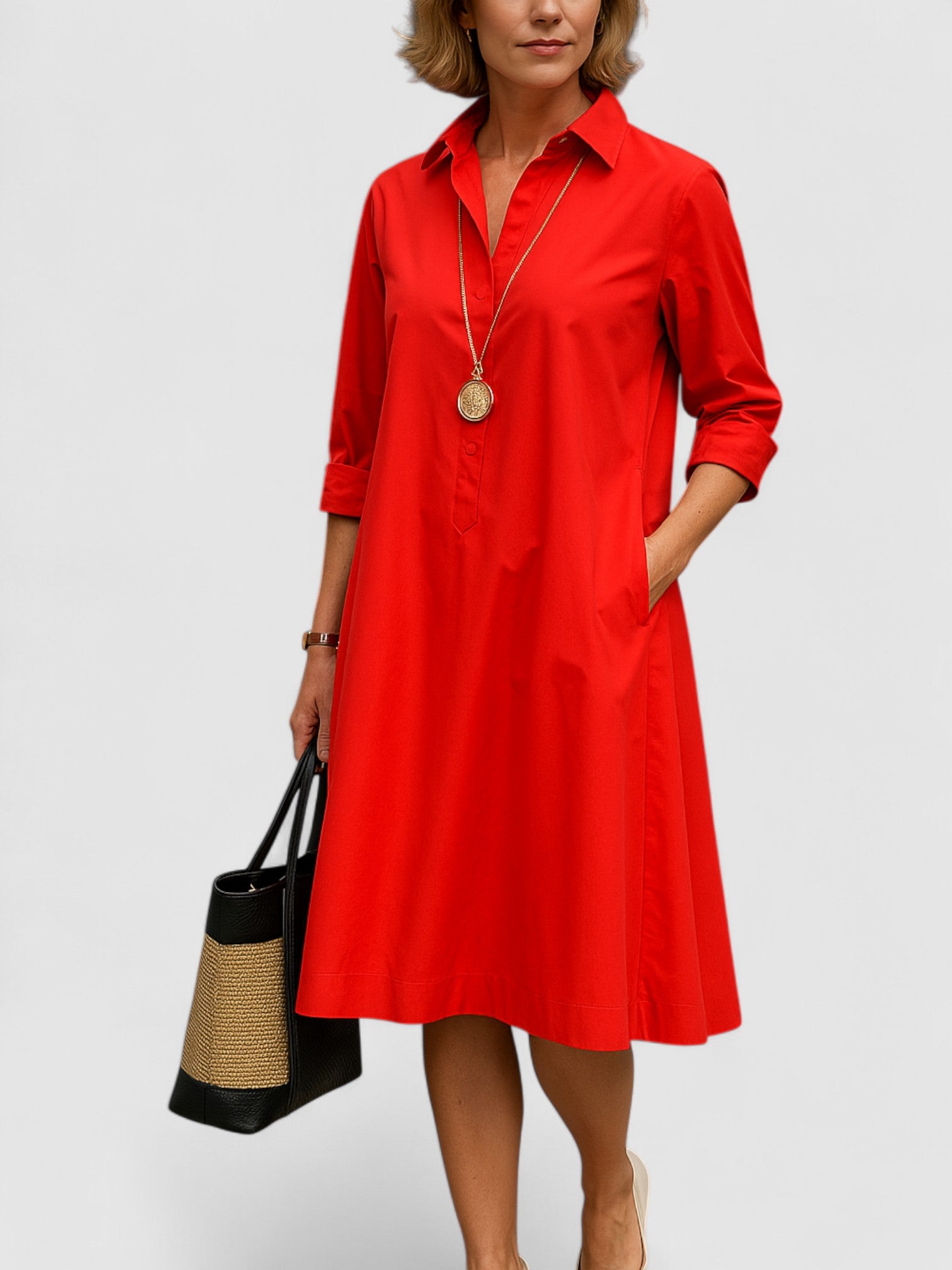 Lolita’s A-Line Shirt Dress with 3/4 Sleeves and Classic Collar