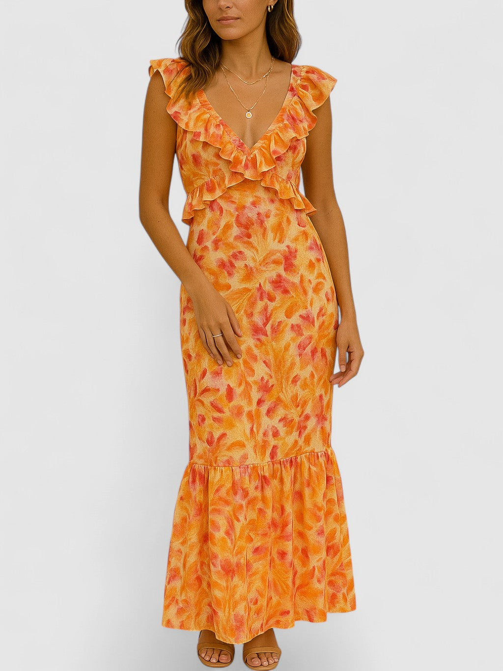 Maelle's Maxi Dress with Ruffle Straps and V-Neckline