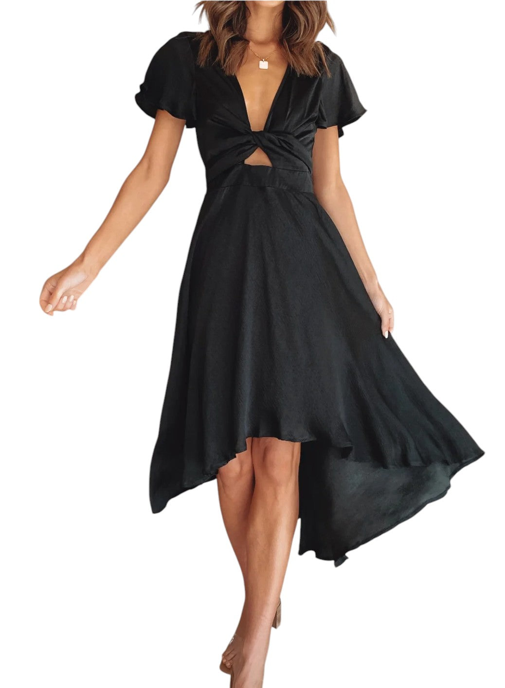 Michelle's A-Line Tie Waist Midi Dress with V-neck and Ruffle Detail