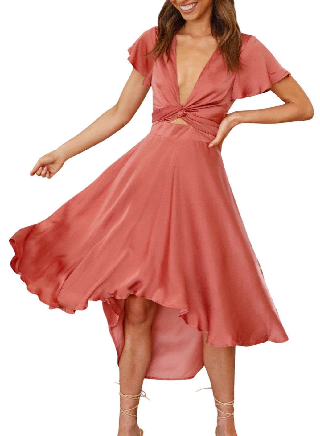Michelle's A-Line Tie Waist Midi Dress with V-neck and Ruffle Detail