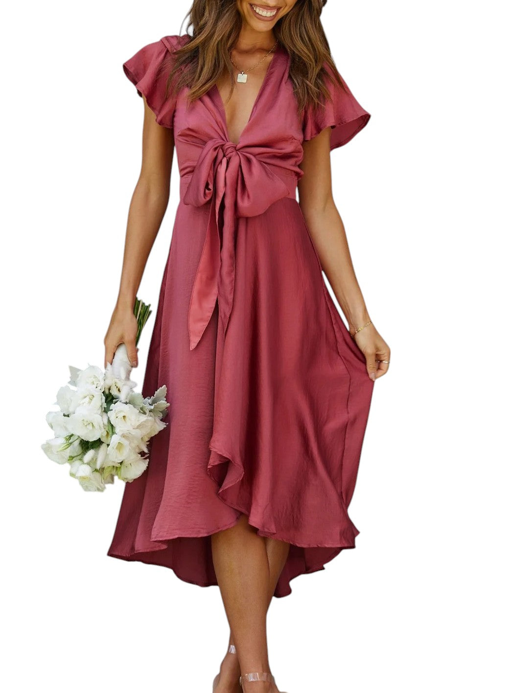 Michelle's A-Line Tie Waist Midi Dress with V-neck and Ruffle Detail