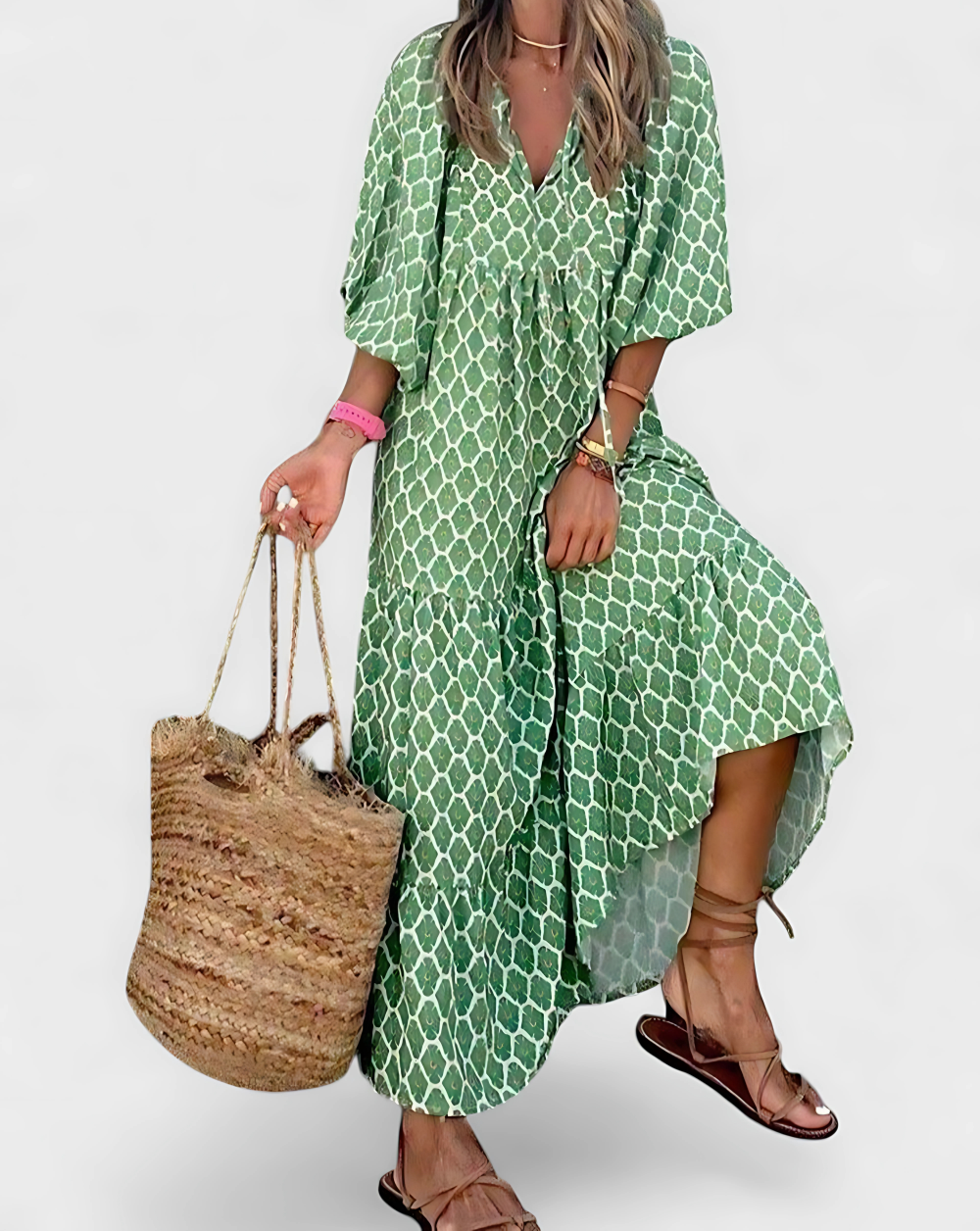 Solene's Bohemian Maxi Dress with Vibrant Print and V-Neckline