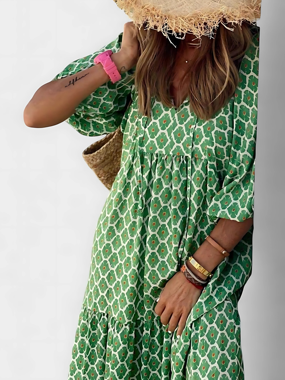 Solene's Bohemian Maxi Dress with Vibrant Print and V-Neckline