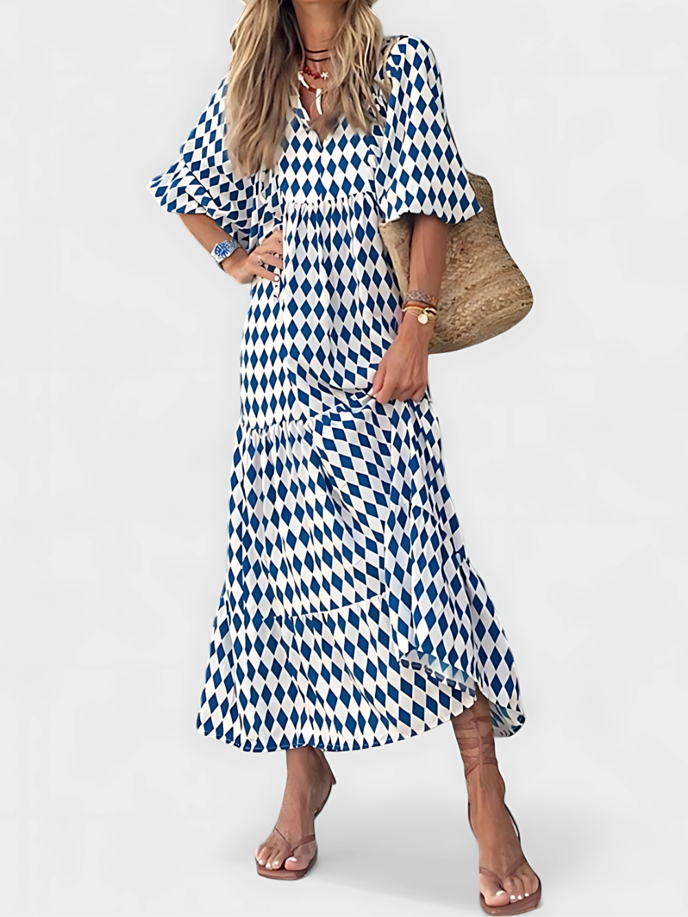 Solene's Bohemian Maxi Dress with Vibrant Print and V-Neckline