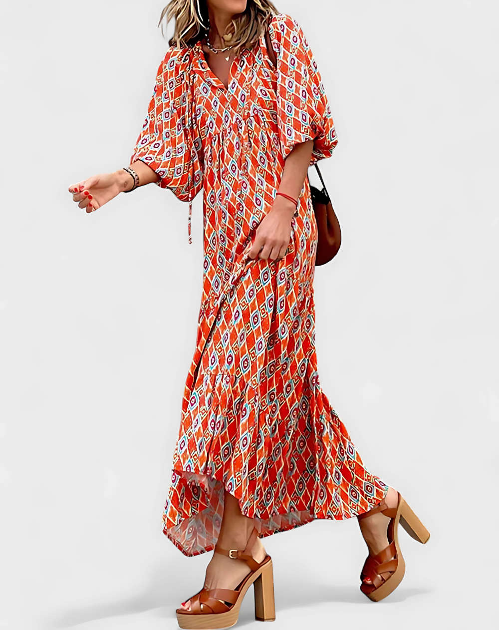 Solene's Bohemian Maxi Dress with Vibrant Print and V-Neckline