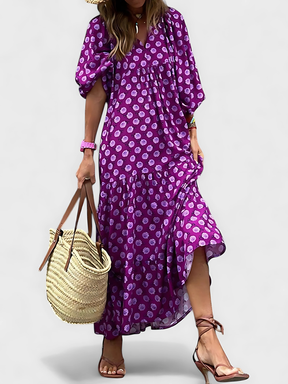 Solene's Bohemian Maxi Dress with Vibrant Print and V-Neckline