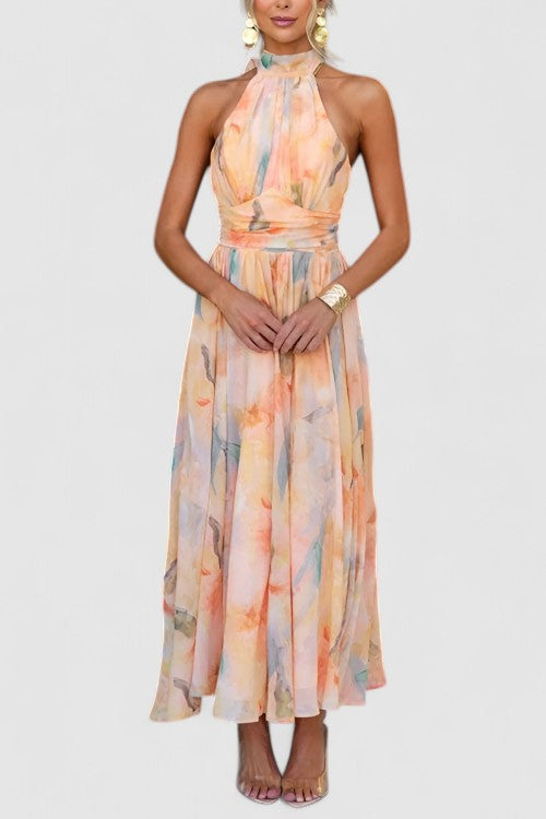 Thalia's Halter Neck Maxi Dress with Open Back and Watercolour Print