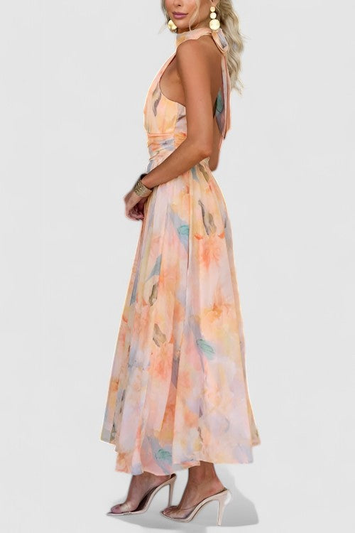 Thalia's Halter Neck Maxi Dress with Open Back and Watercolour Print